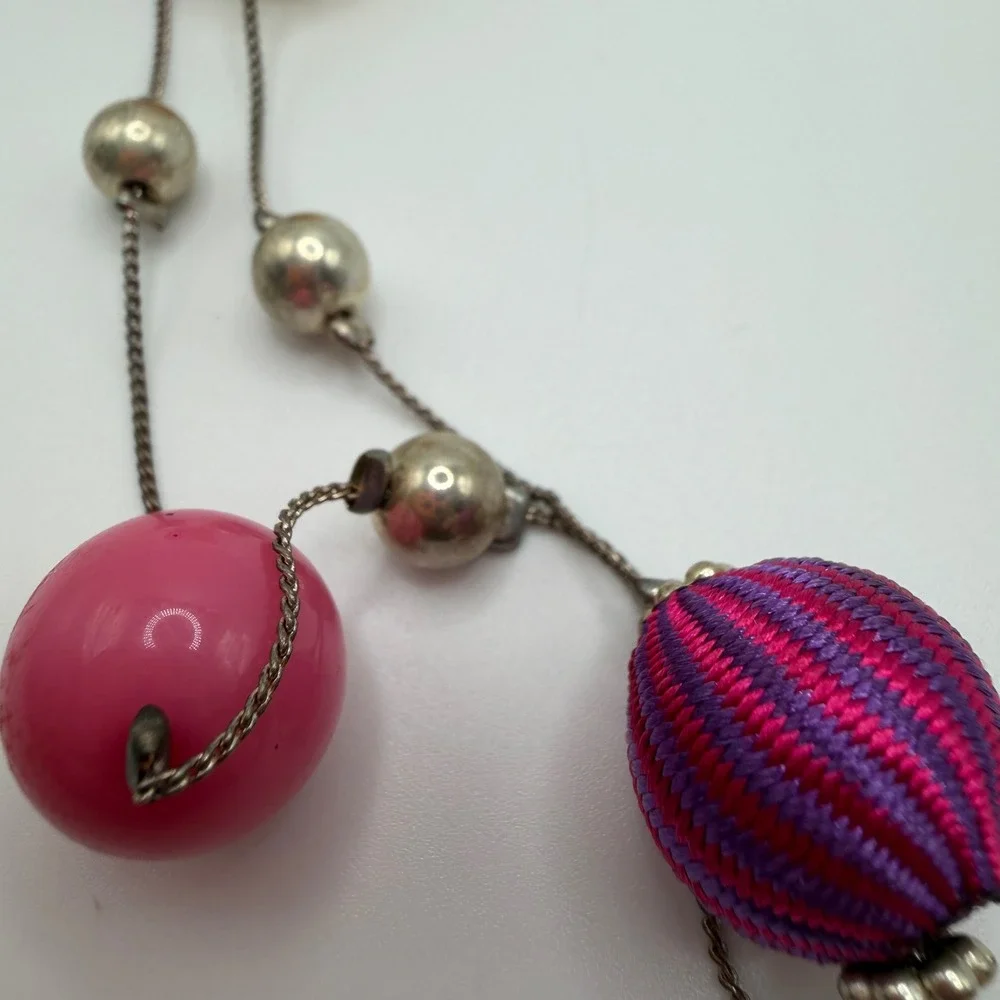 VTG Style Long Station Necklace‎ Multicolor Resin Silver Tone Chain Bakelite*